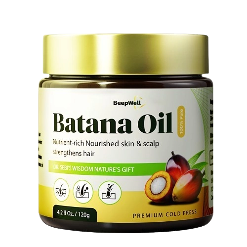 A jar of BeepWell Batana Oil with a metallic gold lid and a cream and green label, set against a plain white background.