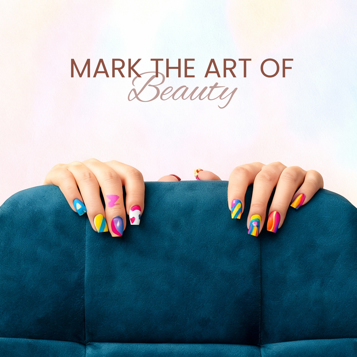 Hands with colorful nail art resting on a blue surface, with 'Mark the Art of Beauty' text.