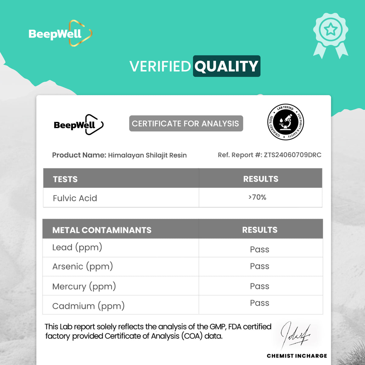 a certificate of shilajit resin showing the verified quality