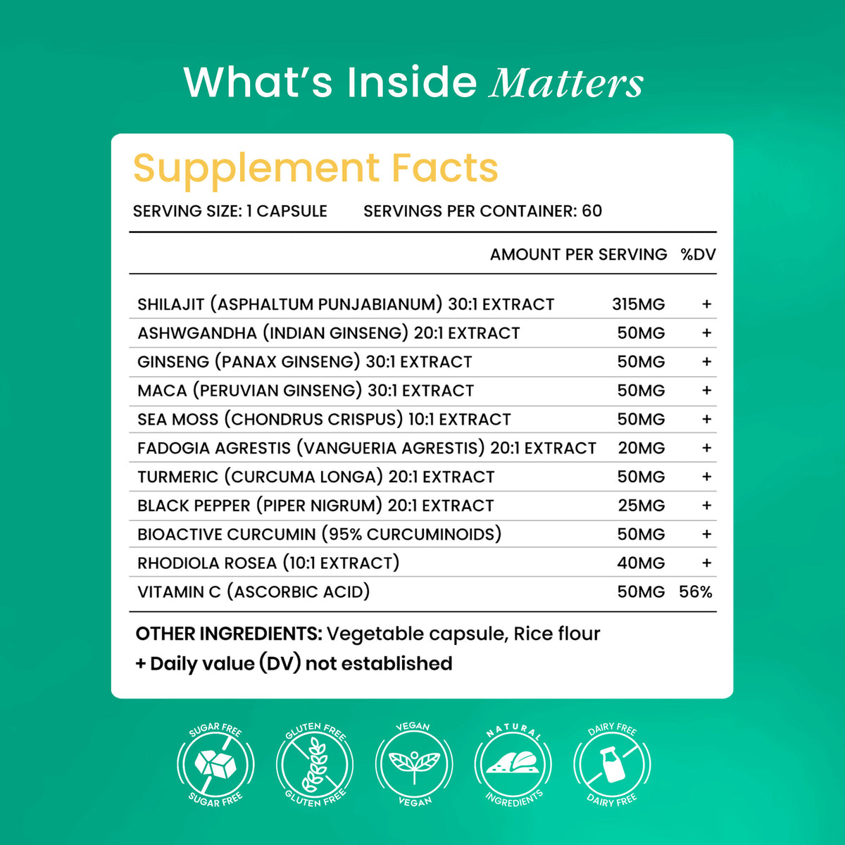"Supplement facts banner showing ingredients of Shilajit capsules including Shilajit, Ashwagandha, Maca, Sea Moss, Turmeric, Vitamin C, and more potent herbal extracts"