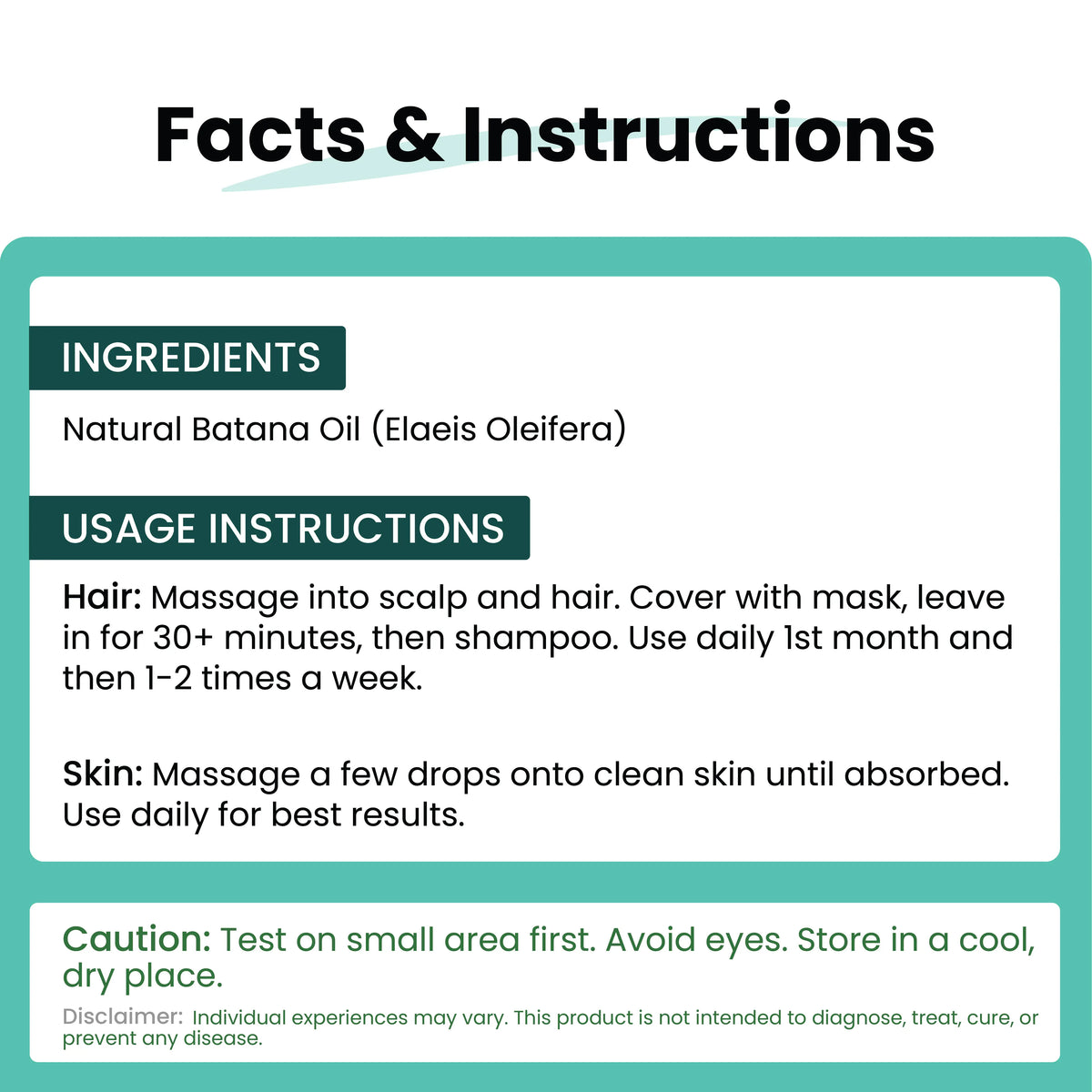 "Batana Oil facts and usage instructions banner detailing hair and skin application, ingredient info, and safety disclaimer"