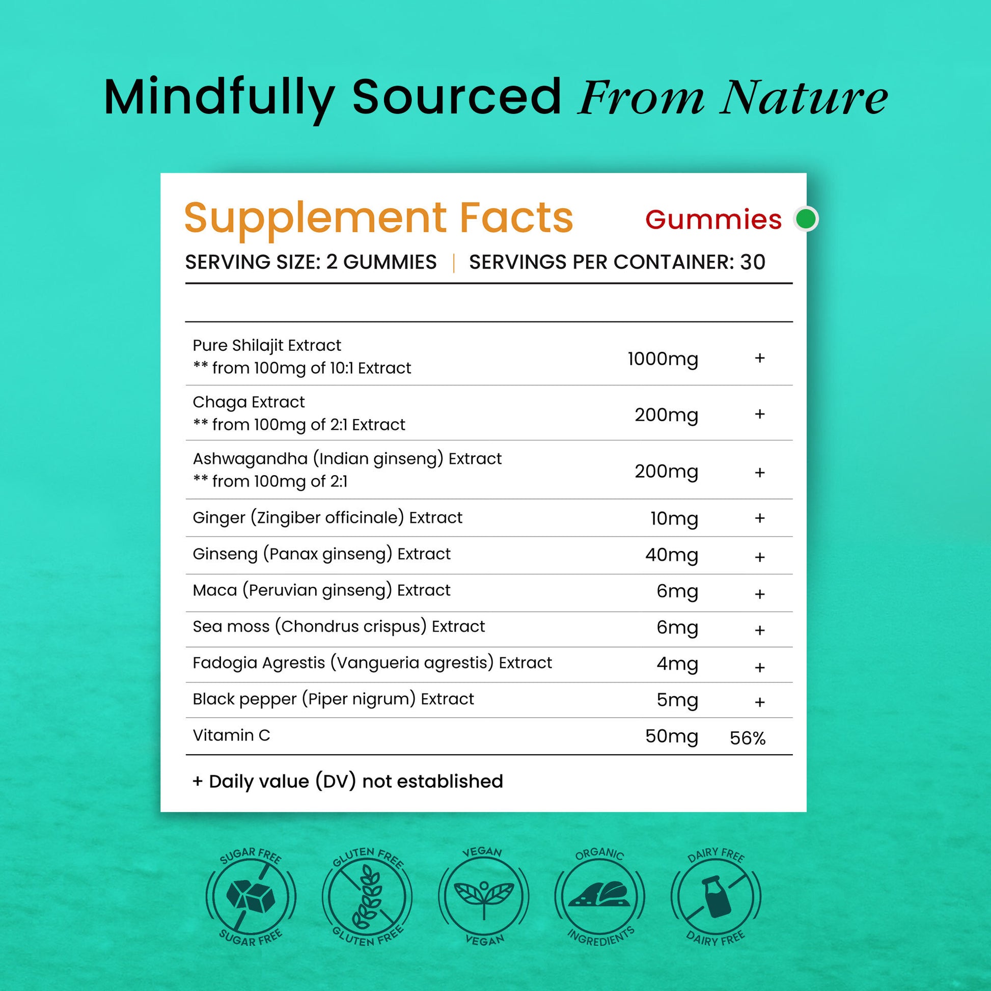 "Supplement facts banner for Shilajit gummies, mindfully sourced from nature with Himalayan Shilajit, Ashwagandha, Maca, Sea Moss, Ginseng, and Vitamin C"