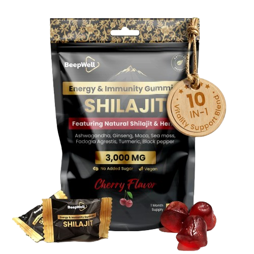 BeepWell Shilajit 3000 mg cherry flavor gummy supplement pouch with two individual gummies and several red gummies displayed in front on a white background.