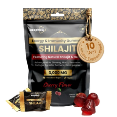 BeepWell Shilajit 3000 mg cherry flavor gummy supplement pouch with two individual gummies and several red gummies displayed in front on a white background.