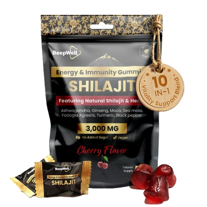 BeepWell Shilajit 3000 mg cherry flavor gummy supplement pouch with two individual gummies and several red gummies displayed in front on a white background.