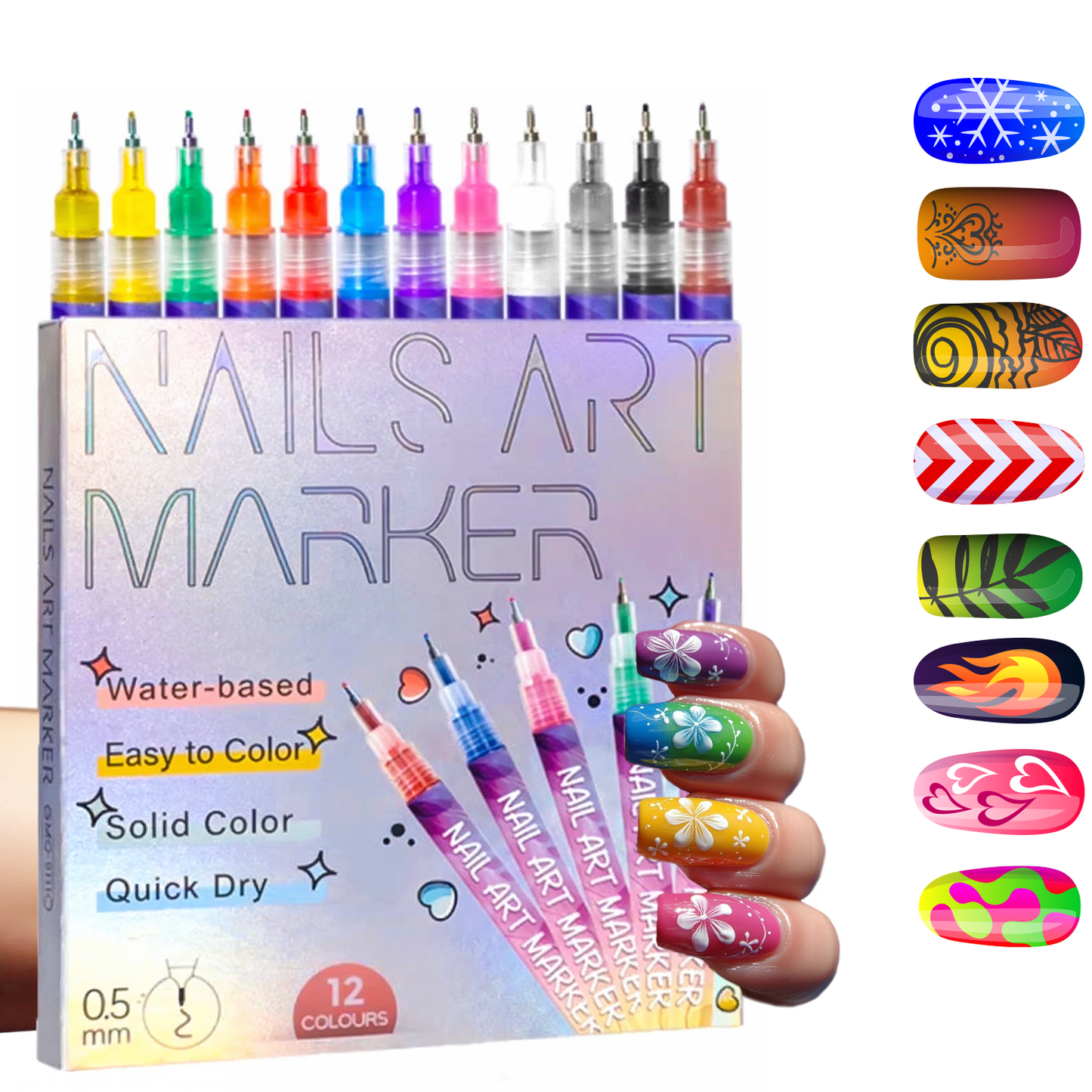 Nail art marker set with packaging and sample designs on a white background