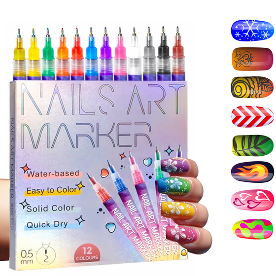 Nail art marker set with packaging and sample designs on a white background