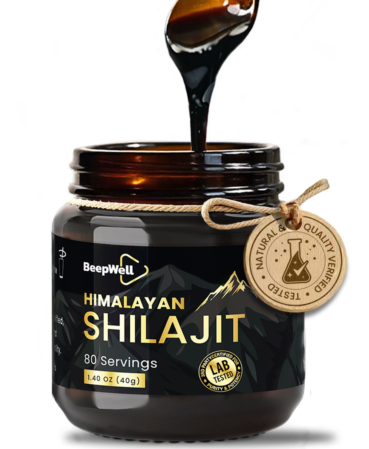 "BeepWell Himalayan Shilajit Resin in glass jar, premium fulvic acid supplement with 85+ trace minerals for energy and vitality"