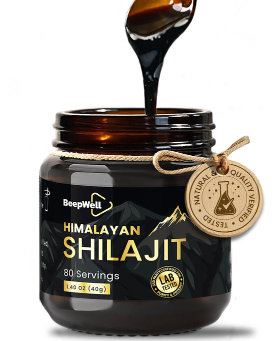 "BeepWell Himalayan Shilajit Resin in glass jar, premium fulvic acid supplement with 85+ trace minerals for energy and vitality"